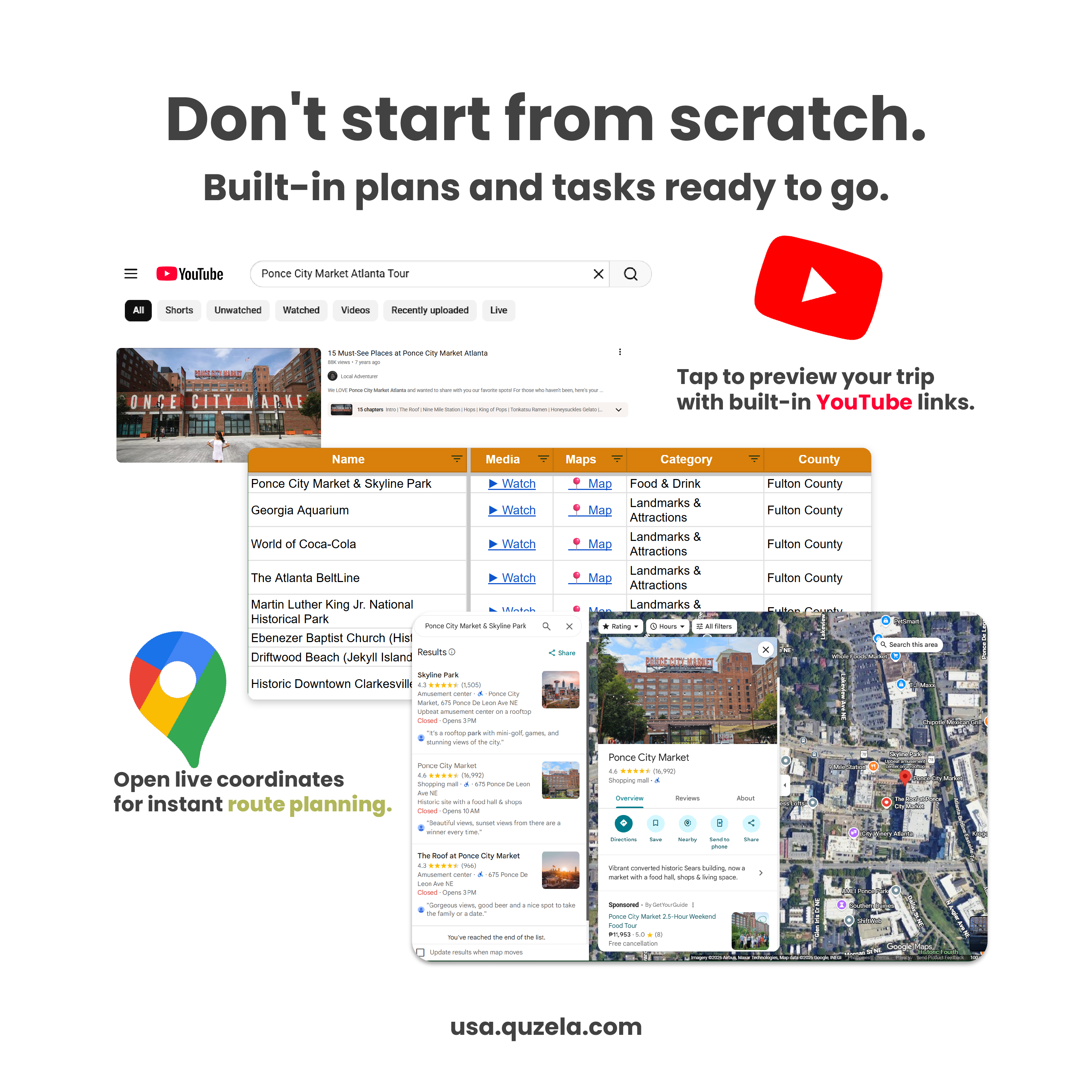 Google Sheet showing pre-filled attractions with YouTube and Maps links