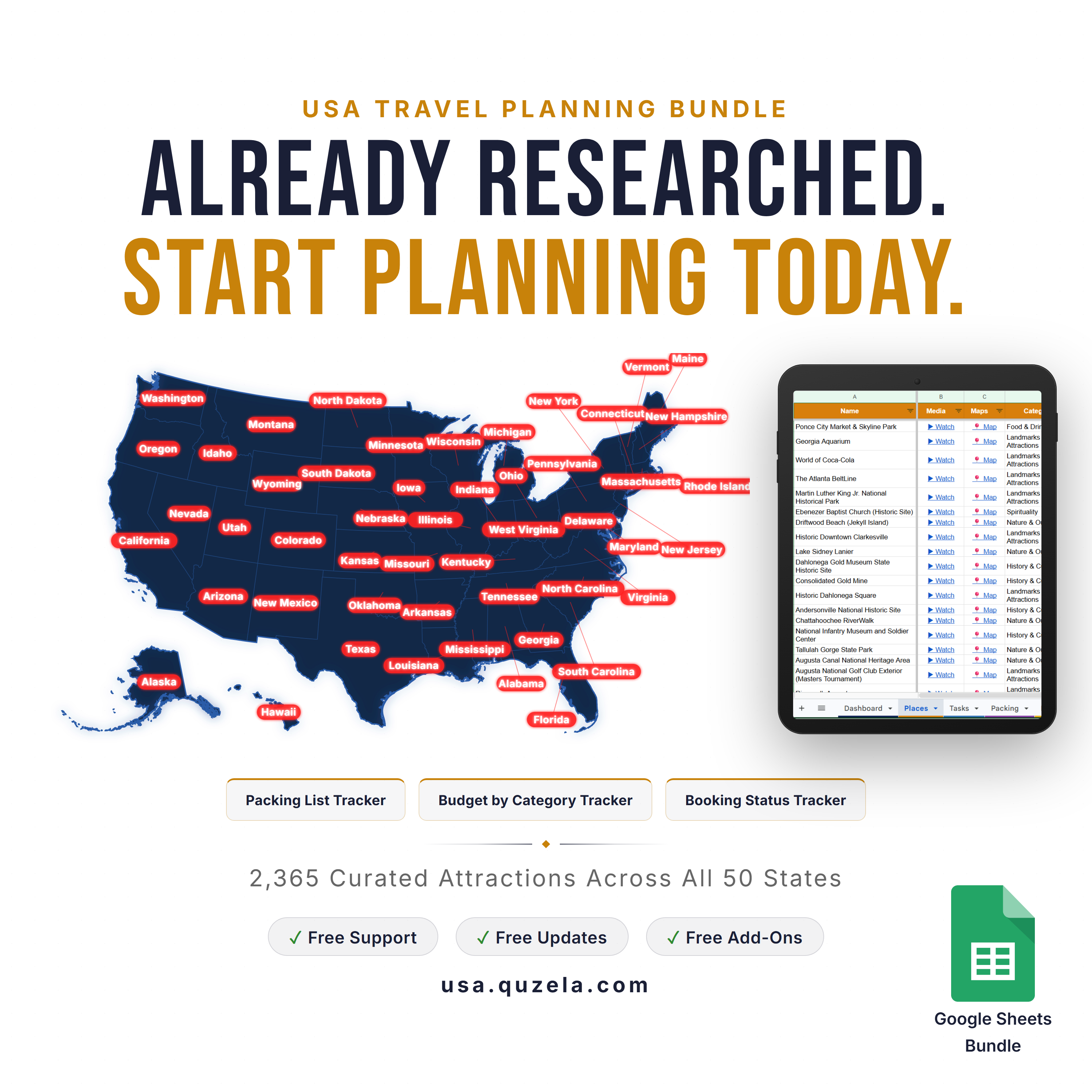 USA Travel Planner — Google Sheets Bundle