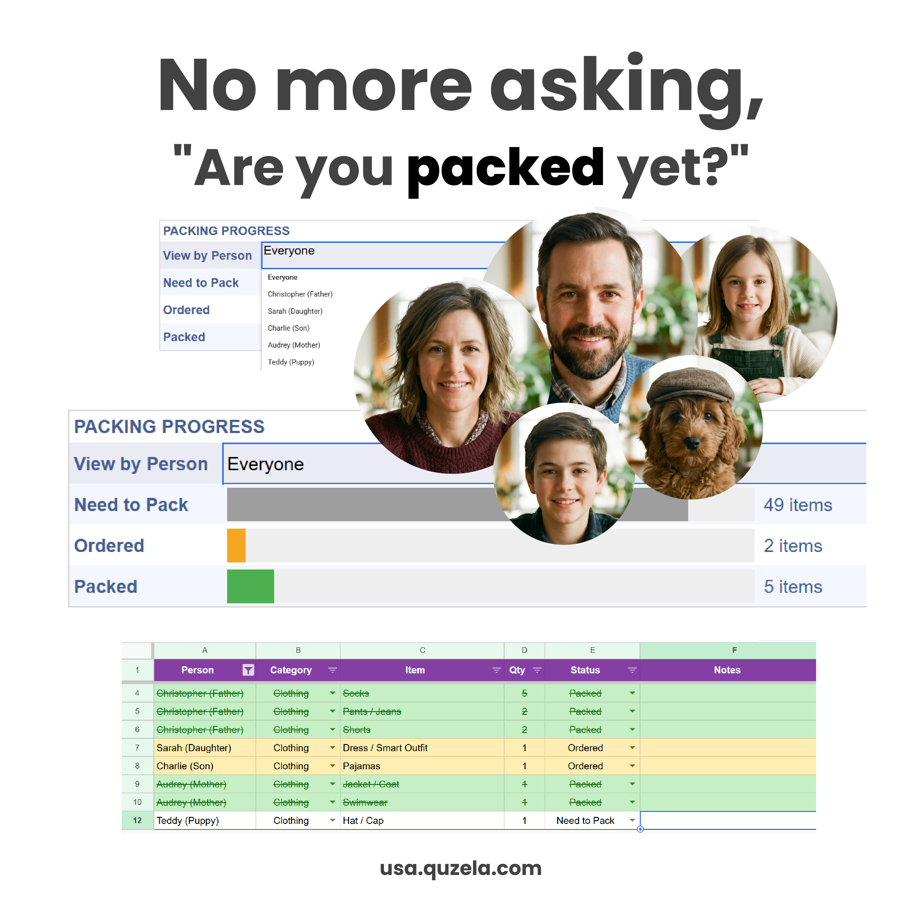 Packing progress tracker filtered by family member