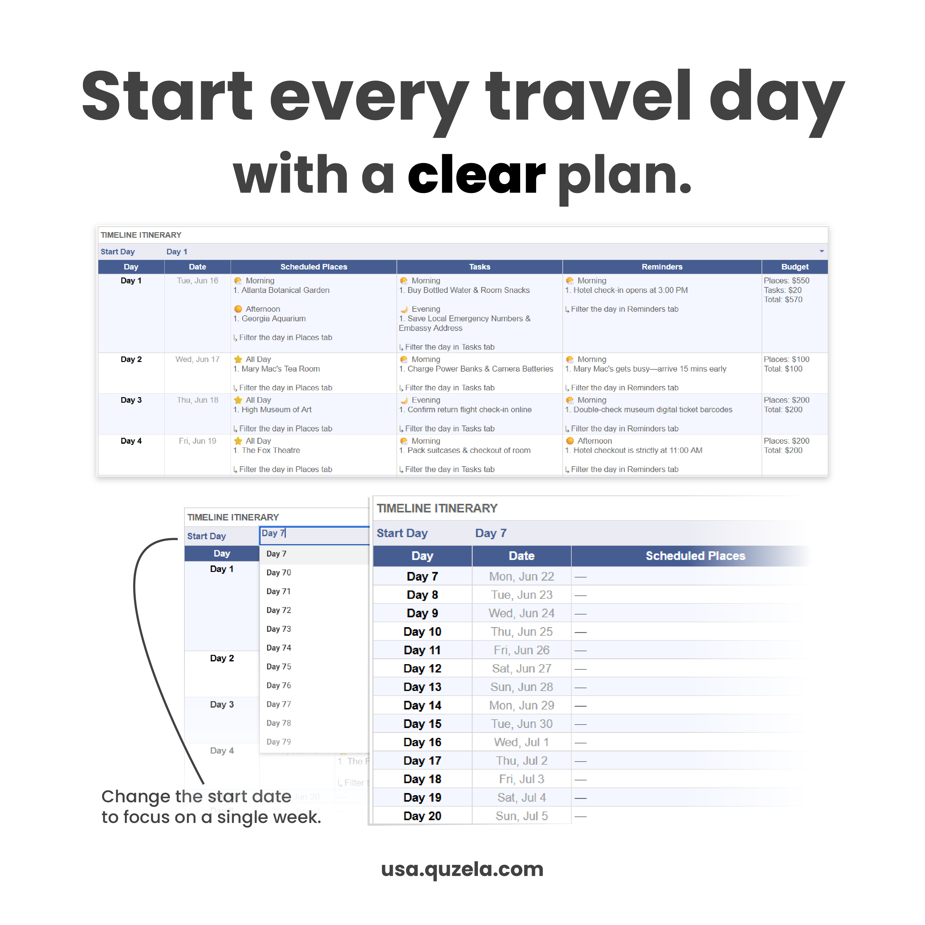 Day-by-day trip timeline itinerary in Google Sheets